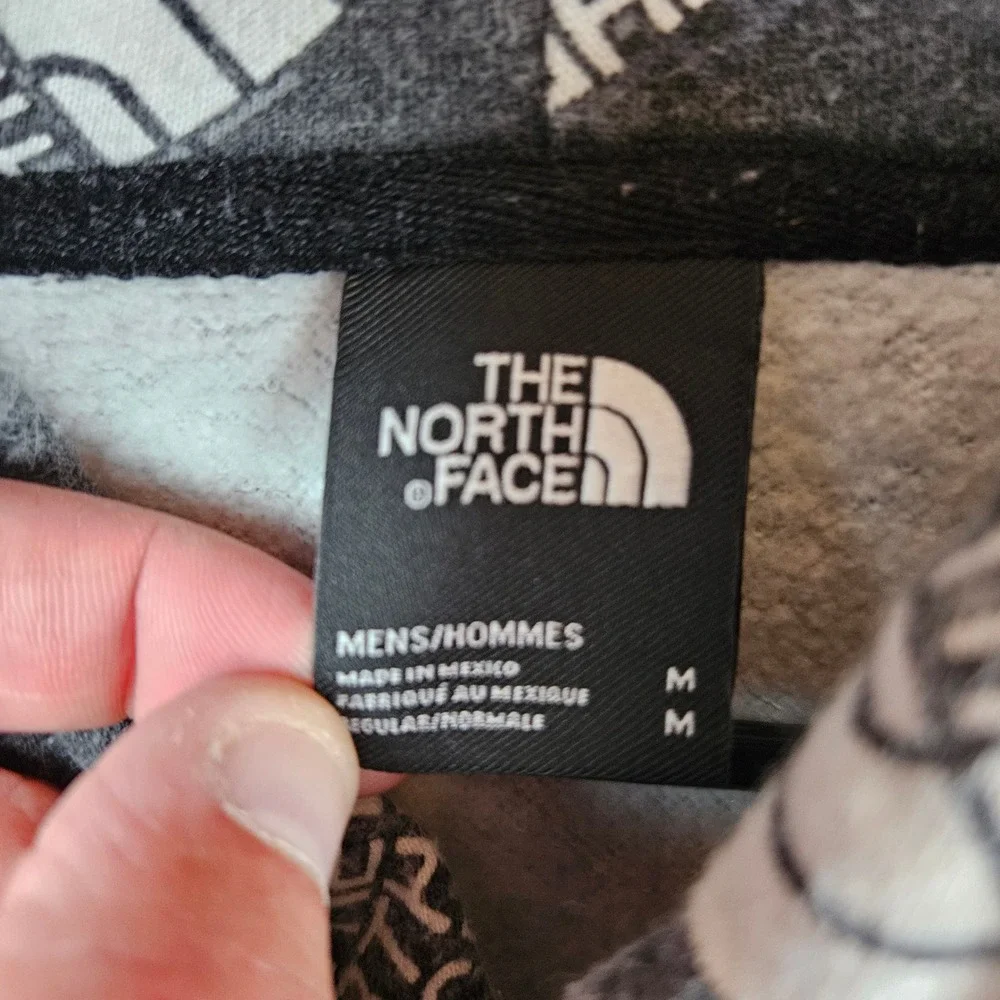 The North Face Mens Medium All Over Logo Print Pullover Hoodie Black Grey